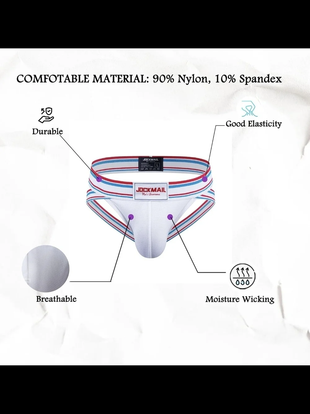 Jockmail Men's White Briefs with Red & Blue Stripe Waistband